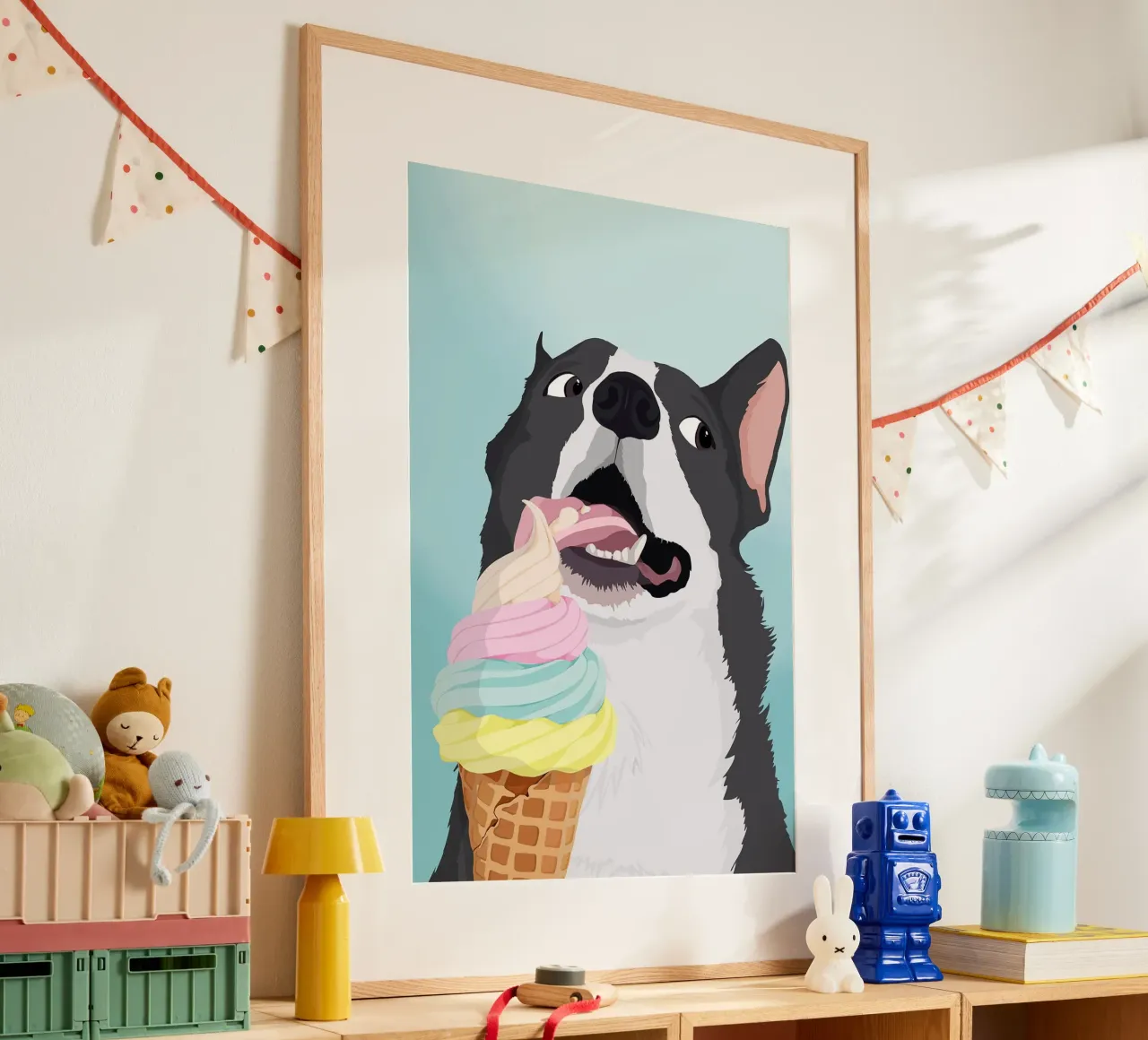 Cane impertinente con gelato poster con telaio in plastica da David Jackson