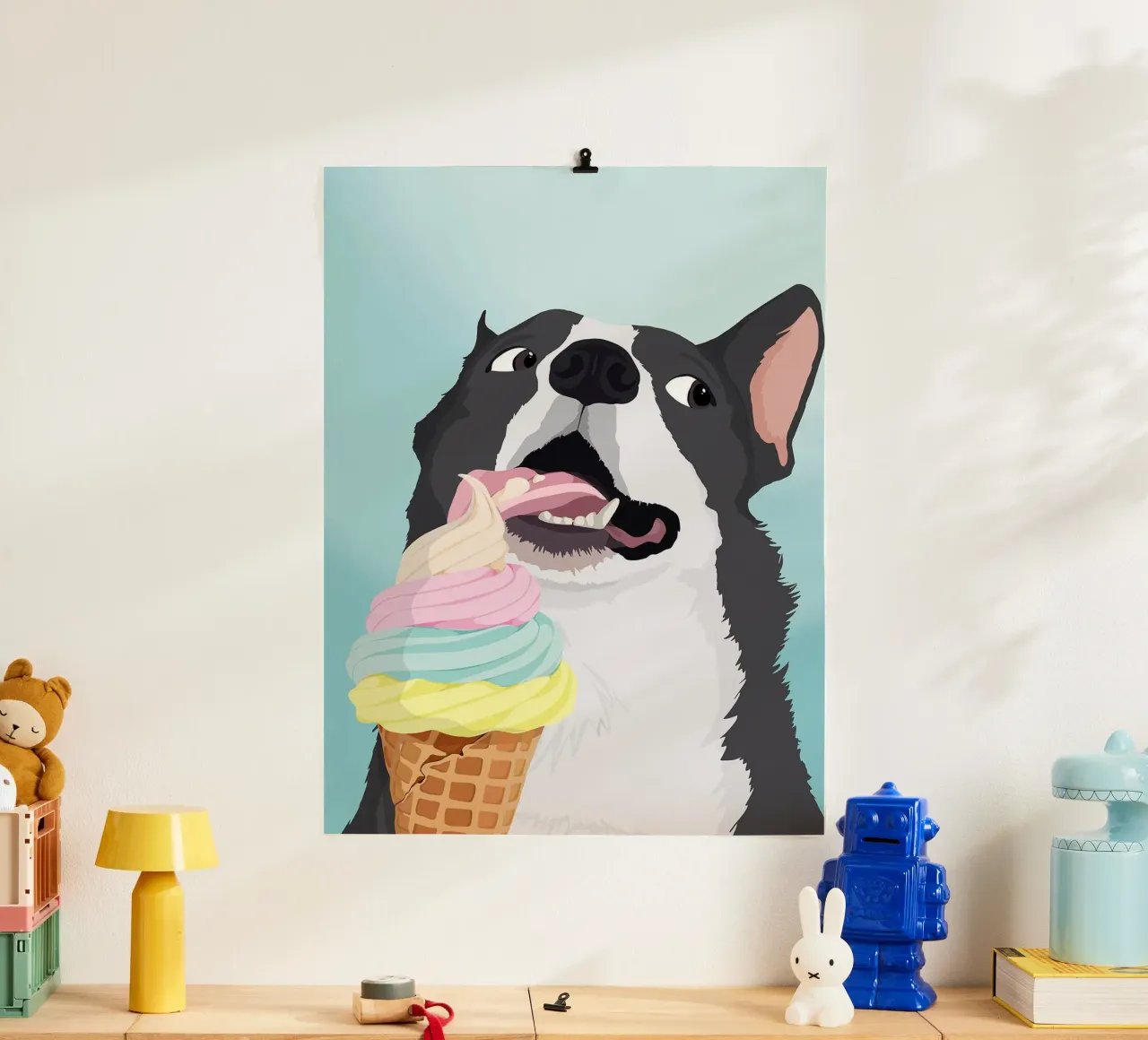 Cane impertinente con gelato poster con telaio in plastica da David Jackson