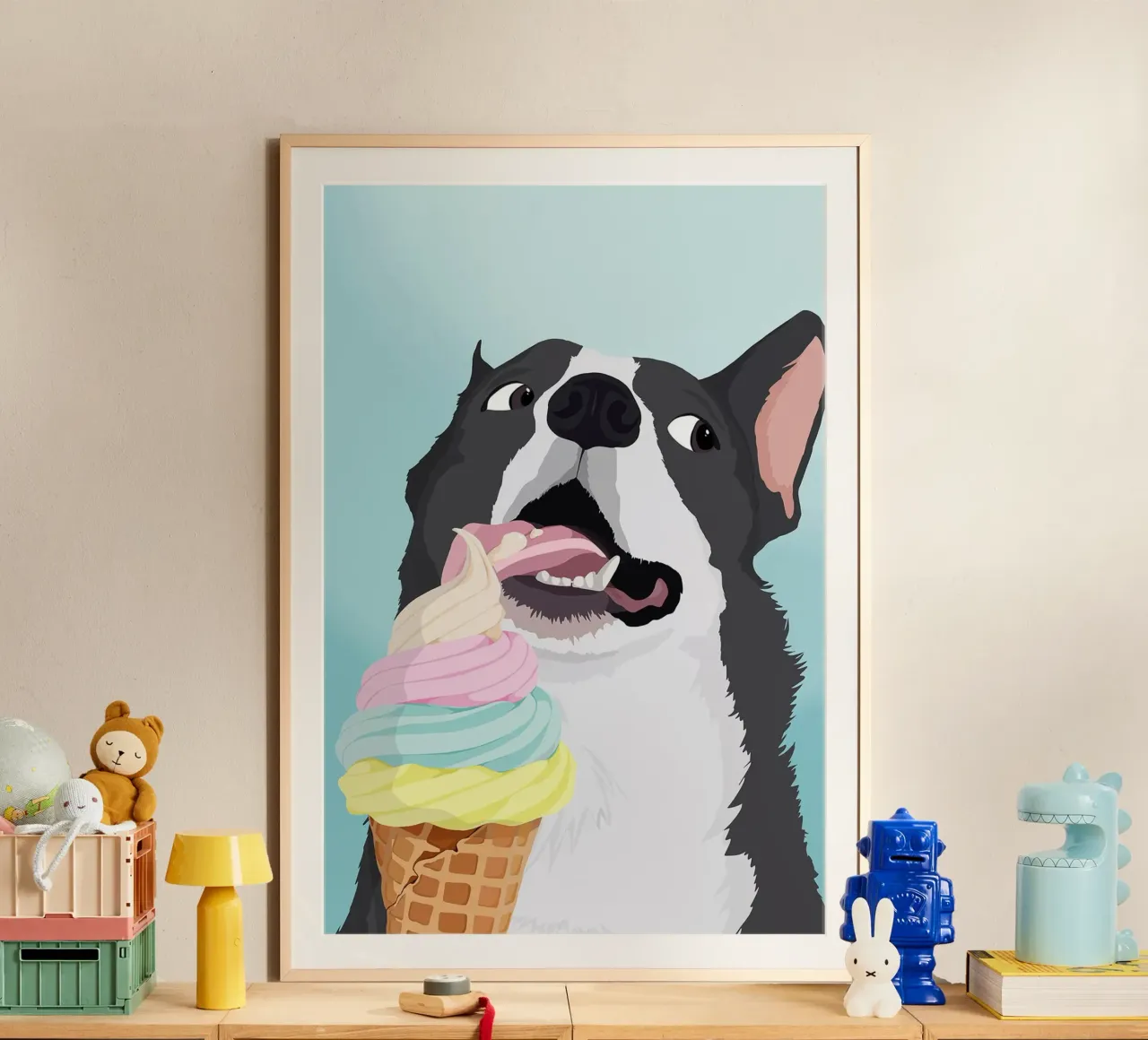 Cane impertinente con gelato poster con telaio in plastica da David Jackson