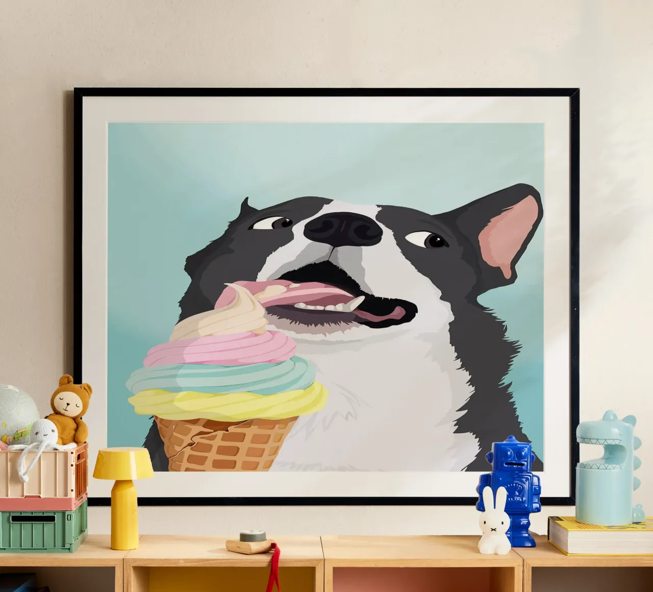 Cane impertinente con gelato poster con telaio in plastica da David Jackson