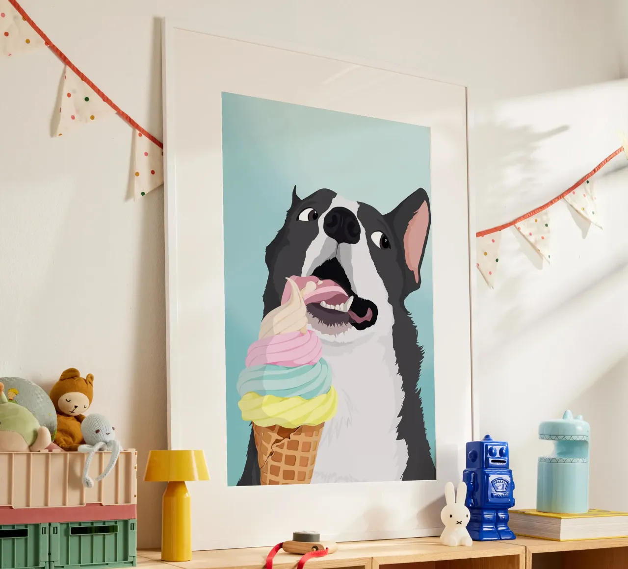 Cane impertinente con gelato poster con telaio in plastica da David Jackson