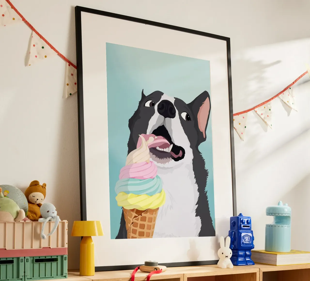 Cane impertinente con gelato poster con telaio in plastica da David Jackson