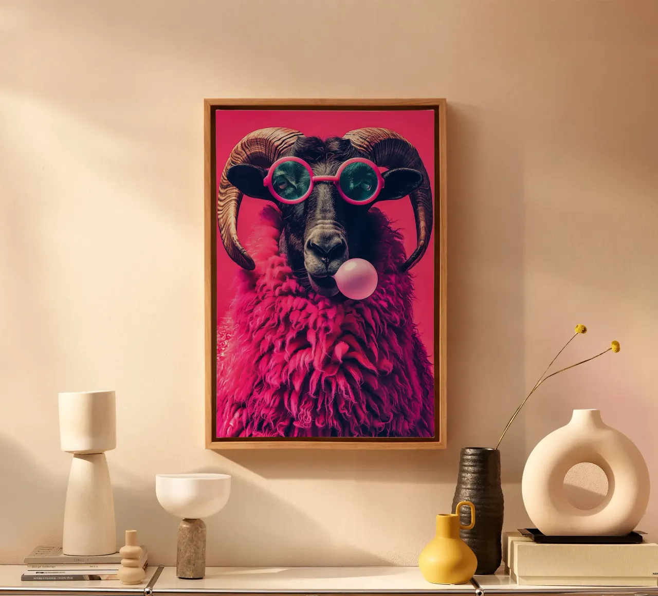 L'Ariete Pop Art rosa si gode la vita tela con Cornice a cassetta da David Jackson