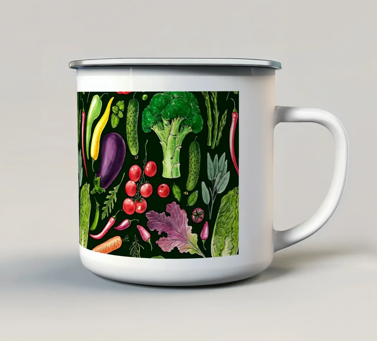 Raccolta di verdure ed erbe aromatiche in nero tazza in smalto da Painted Nature
