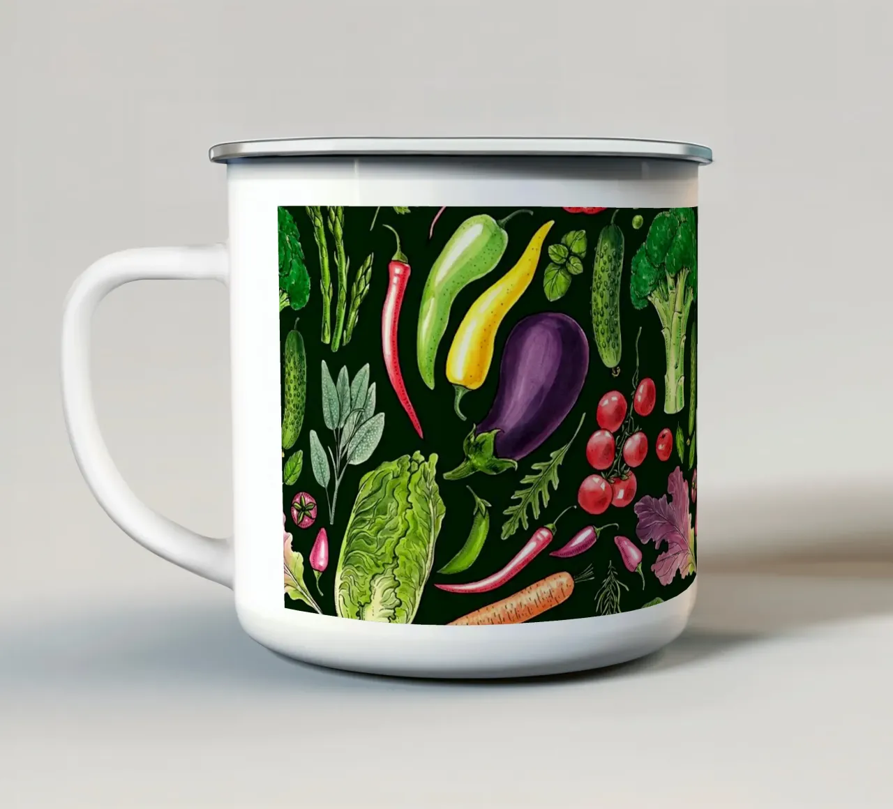 Raccolta di verdure ed erbe aromatiche in nero tazza in smalto da Painted Nature