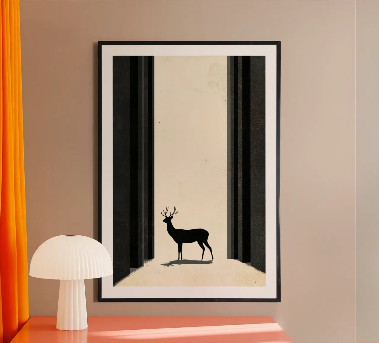Serene Wanderer - Modern Minimalist Deer & Arches Art Print poster con marco de aluminio de Synthaira