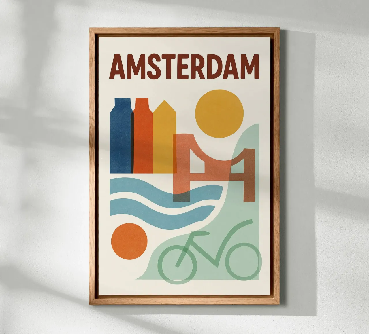 Amsterdam poster - Abstract poster with canals and bicycle canvas with Floater frame by JETLAG | affiches voyage
