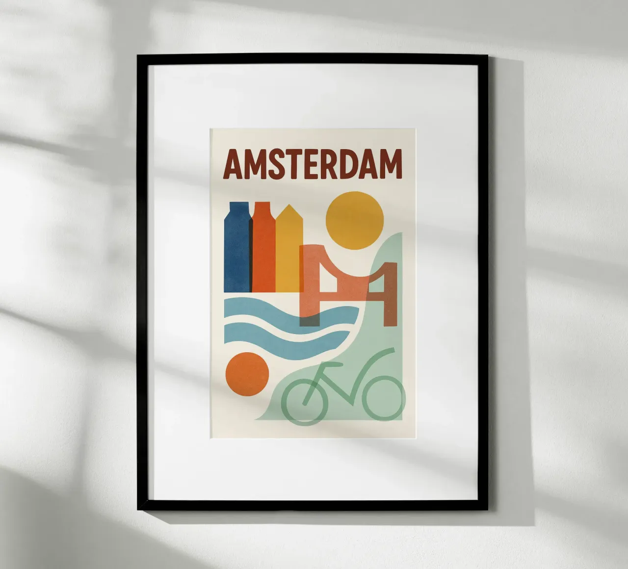 Cartel Amsterdam - Cartel abstracto con canales y bicicleta poster con marco de madera de JETLAG | affiches voyage