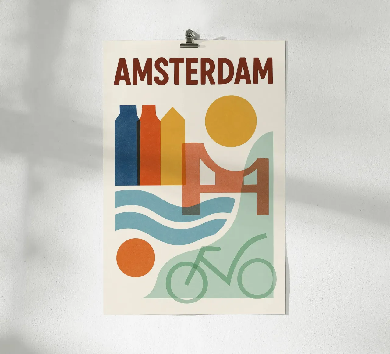 Cartel Amsterdam - Cartel abstracto con canales y bicicleta poster con marco de madera de JETLAG | affiches voyage