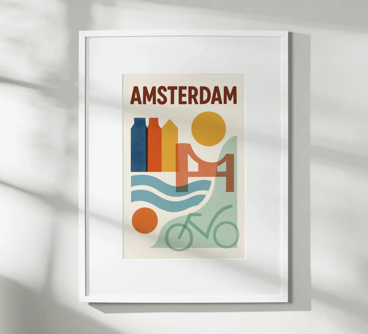 Cartel Amsterdam - Cartel abstracto con canales y bicicleta poster con marco de madera de JETLAG | affiches voyage