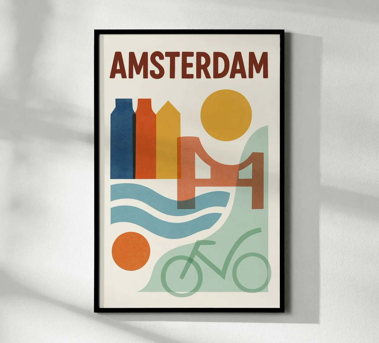 Cartel Amsterdam - Cartel abstracto con canales y bicicleta poster con marco de madera de JETLAG | affiches voyage