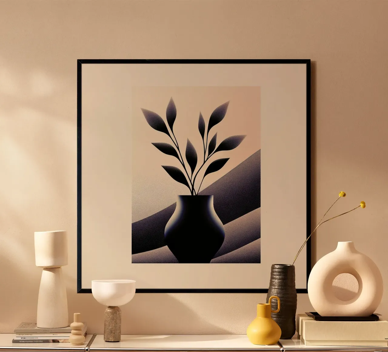Serene Silhouette - Modern Minimalist Botanical Print poster with wooden frame by Synthaira
