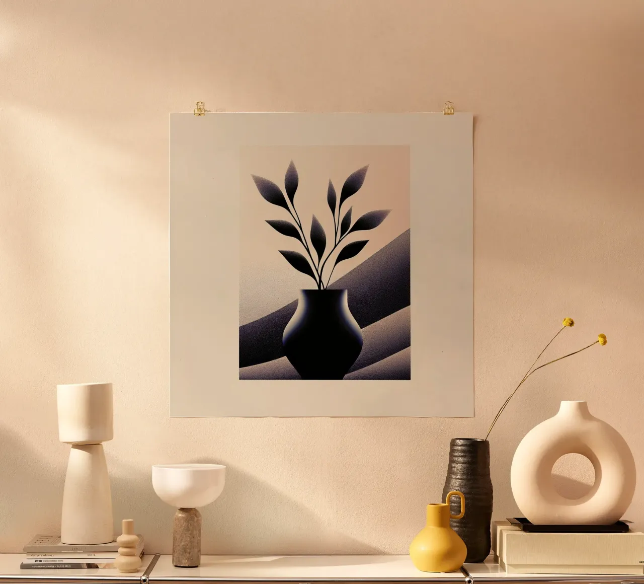 Serene Silhouette - Modern Minimalist Botanical Print poster with wooden frame by Synthaira