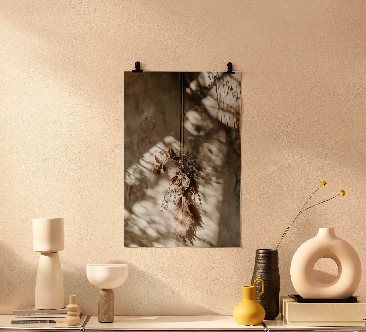 Bohemian Sunlight - Stampa Natura morta con piume e fiori secchi poster con telaio in alluminio da Synthaira