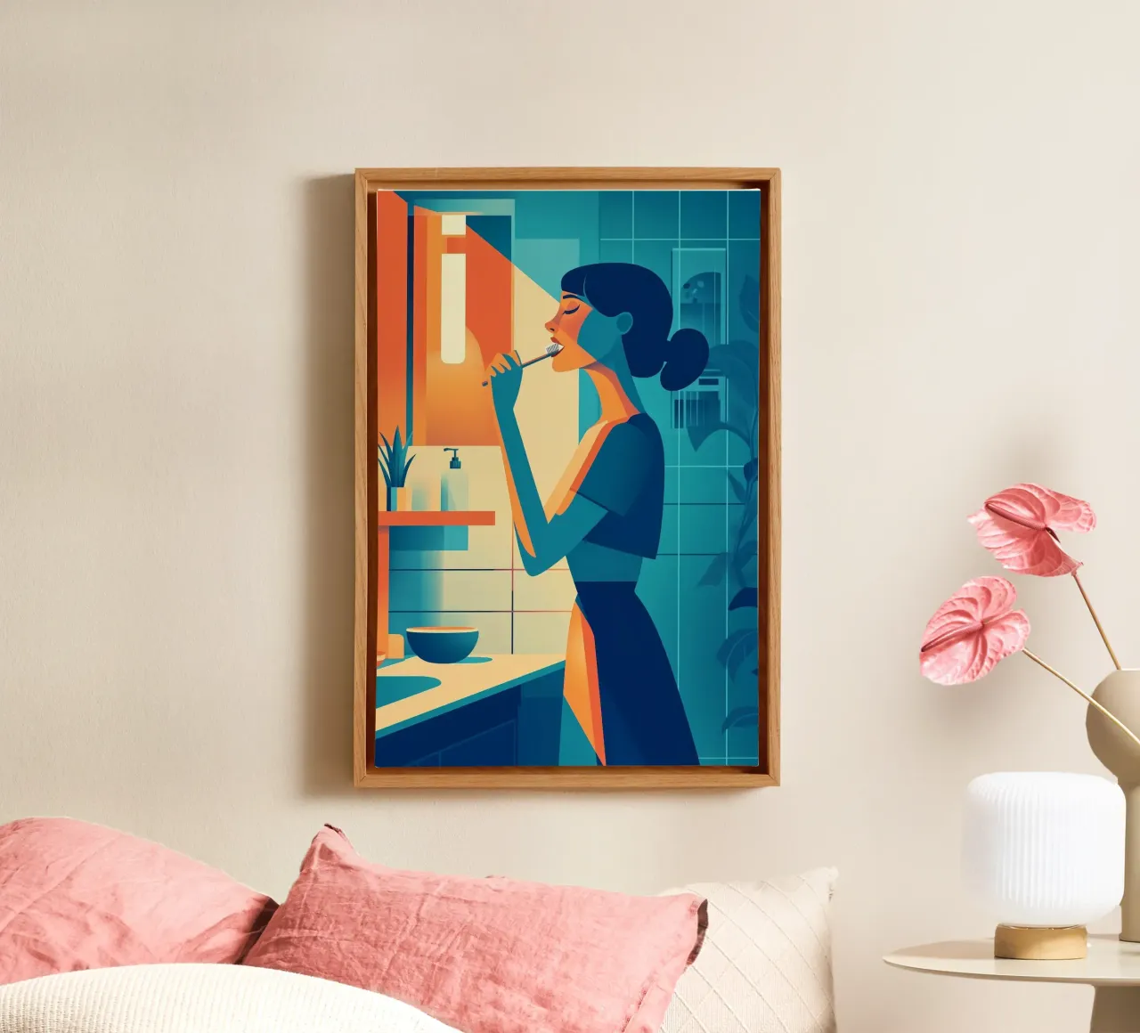 Rituel du matin - Impression d'art moderne d'une femme dans sa salle de bain toile avec Caisse américaine de Synthaira