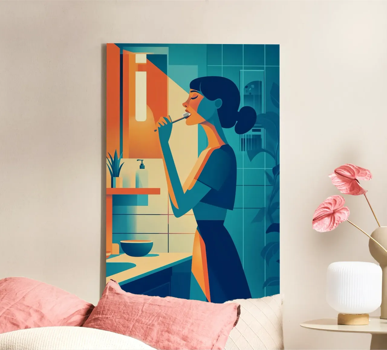 Rituel du matin - Impression d'art moderne d'une femme dans sa salle de bain toile avec Caisse américaine de Synthaira