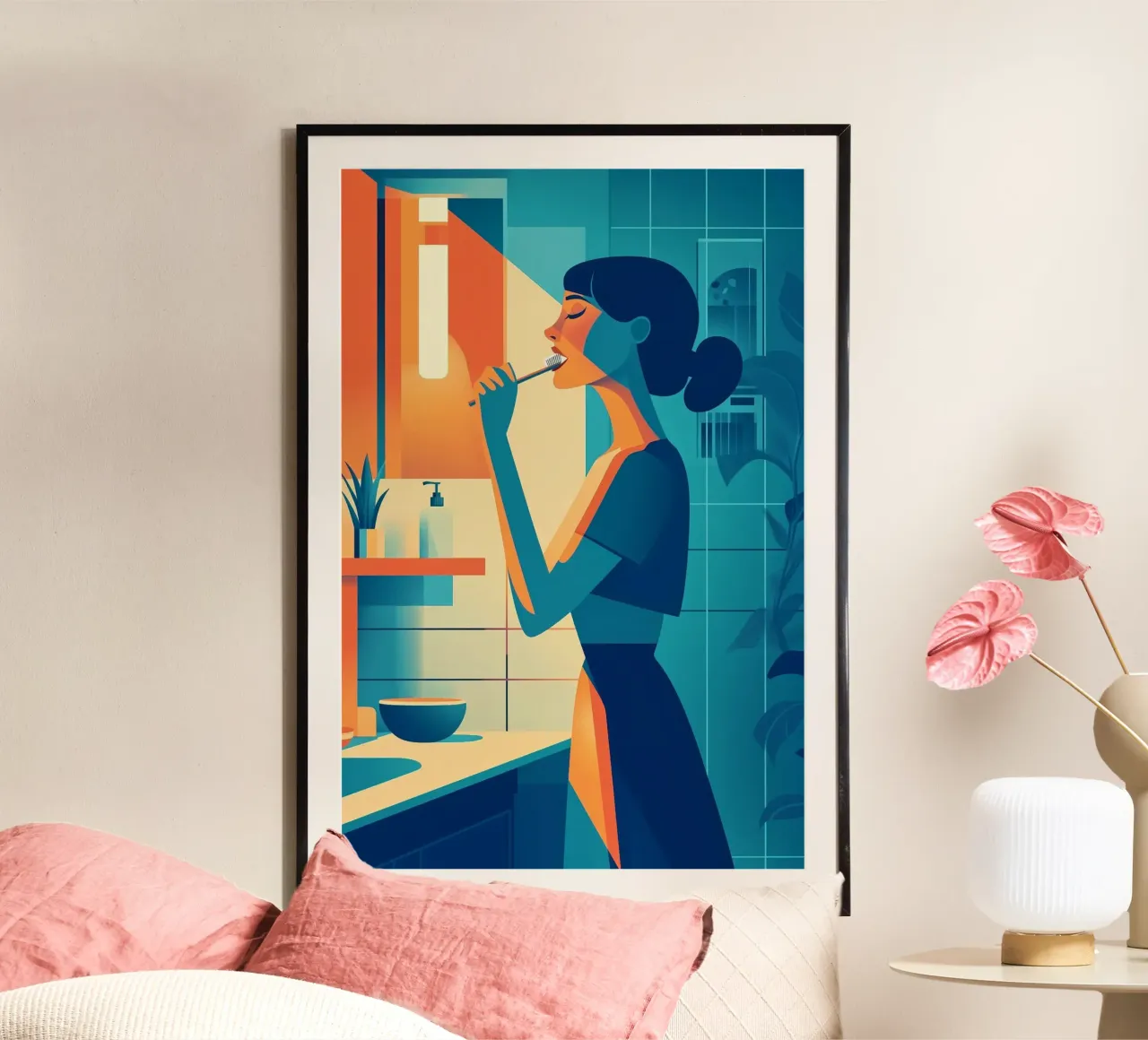 Rituale del mattino - Stampa d'arte moderna di una donna al bagno poster da Synthaira