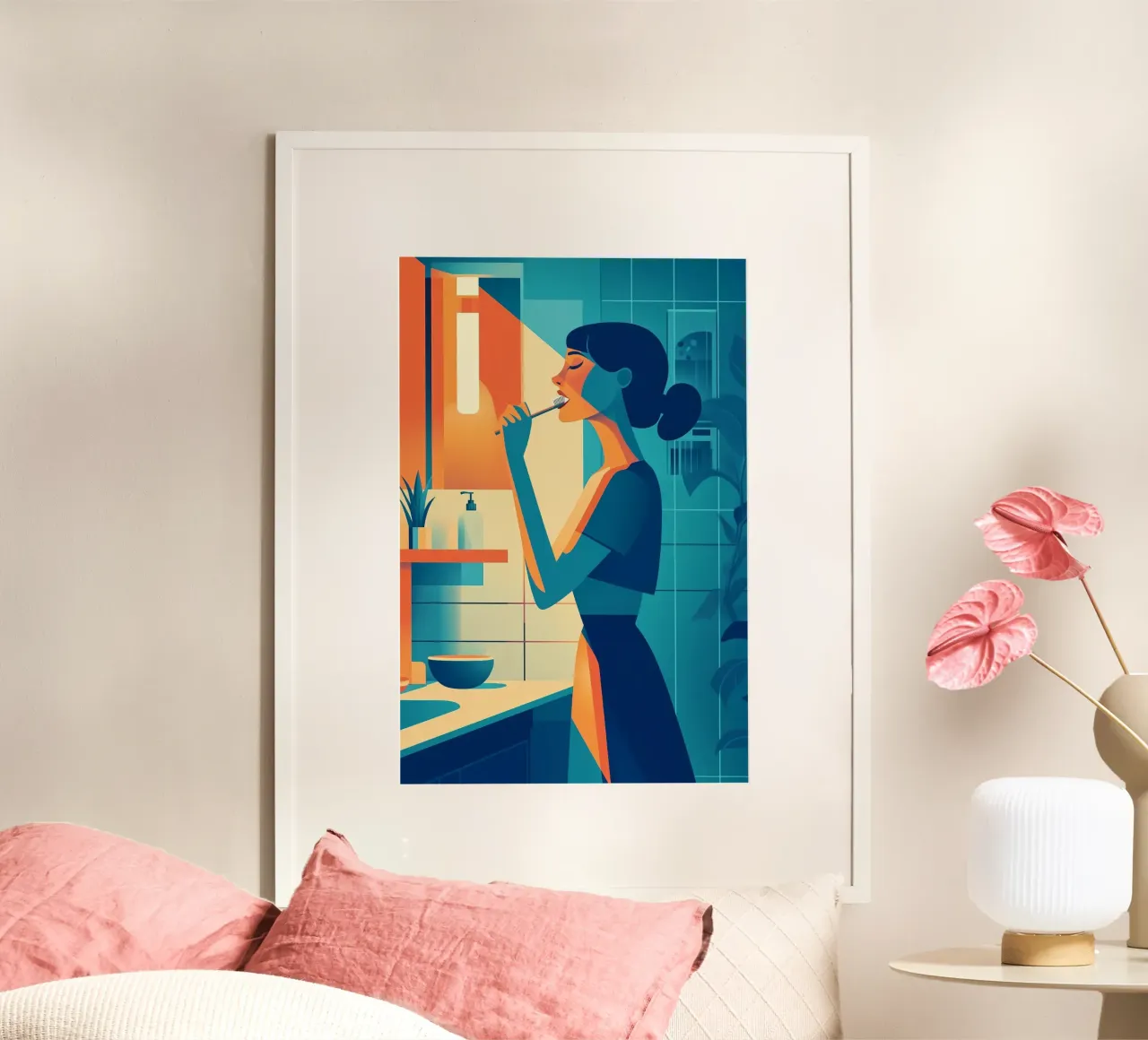 Rituale del mattino - Stampa d'arte moderna di una donna al bagno poster da Synthaira