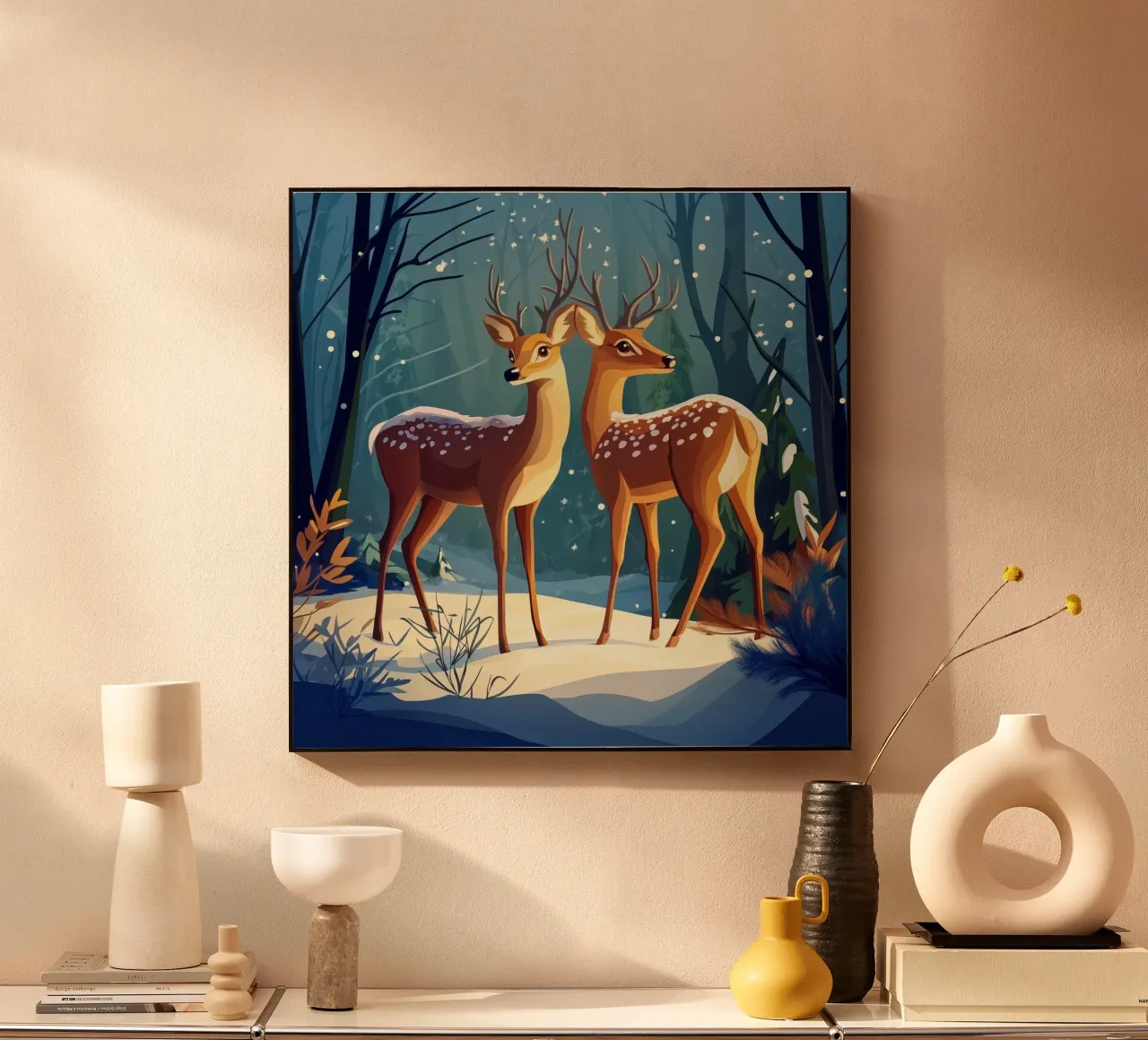 Il bagliore dell'inverno - Cervi sereni in una foresta innevata alluminio dibond da Synthaira