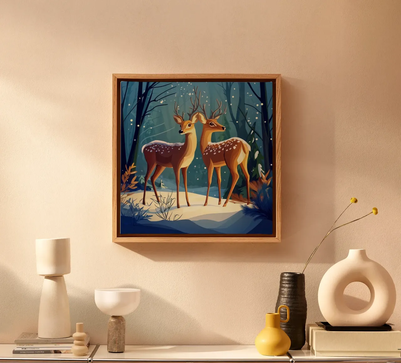 Winter's Glow - Serene Deer in a Snowy Forest canvas with Floater frame by Synthaira