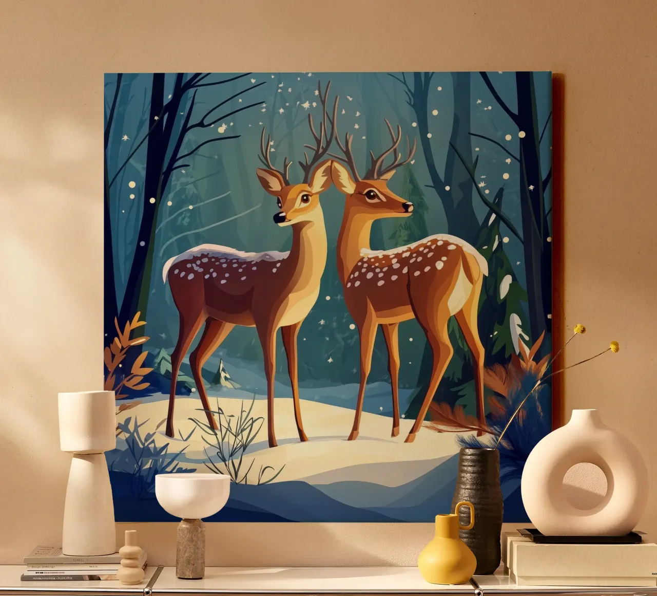 Winter's Glow - Serene Deer in a Snowy Forest canvas with Floater frame by Synthaira