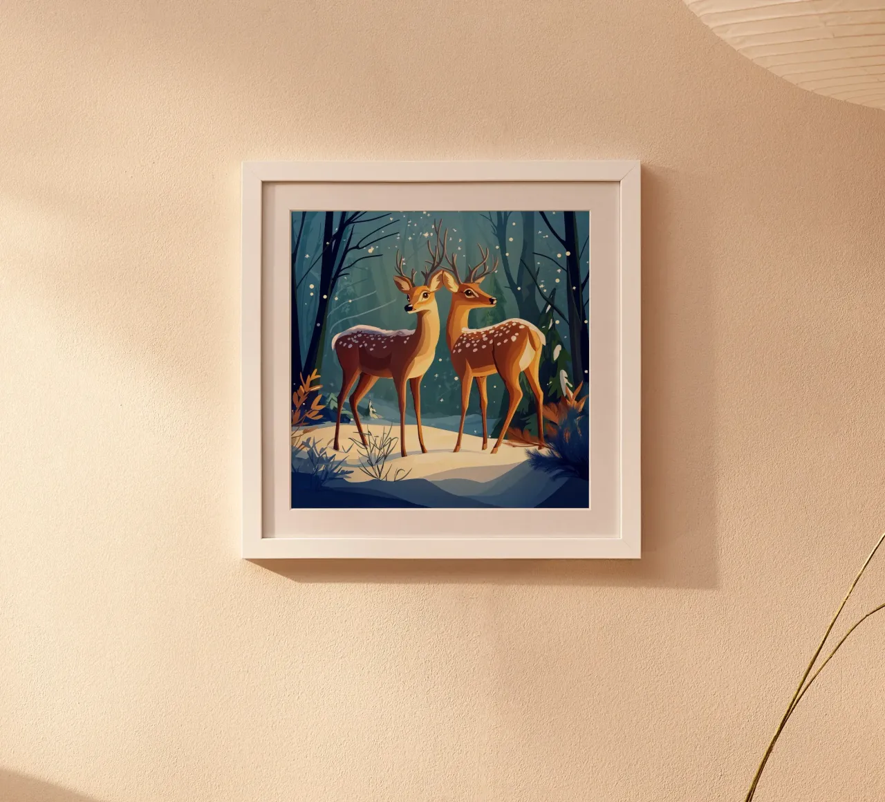 Il bagliore dell'inverno - Cervi sereni in una foresta innevata poster da Synthaira