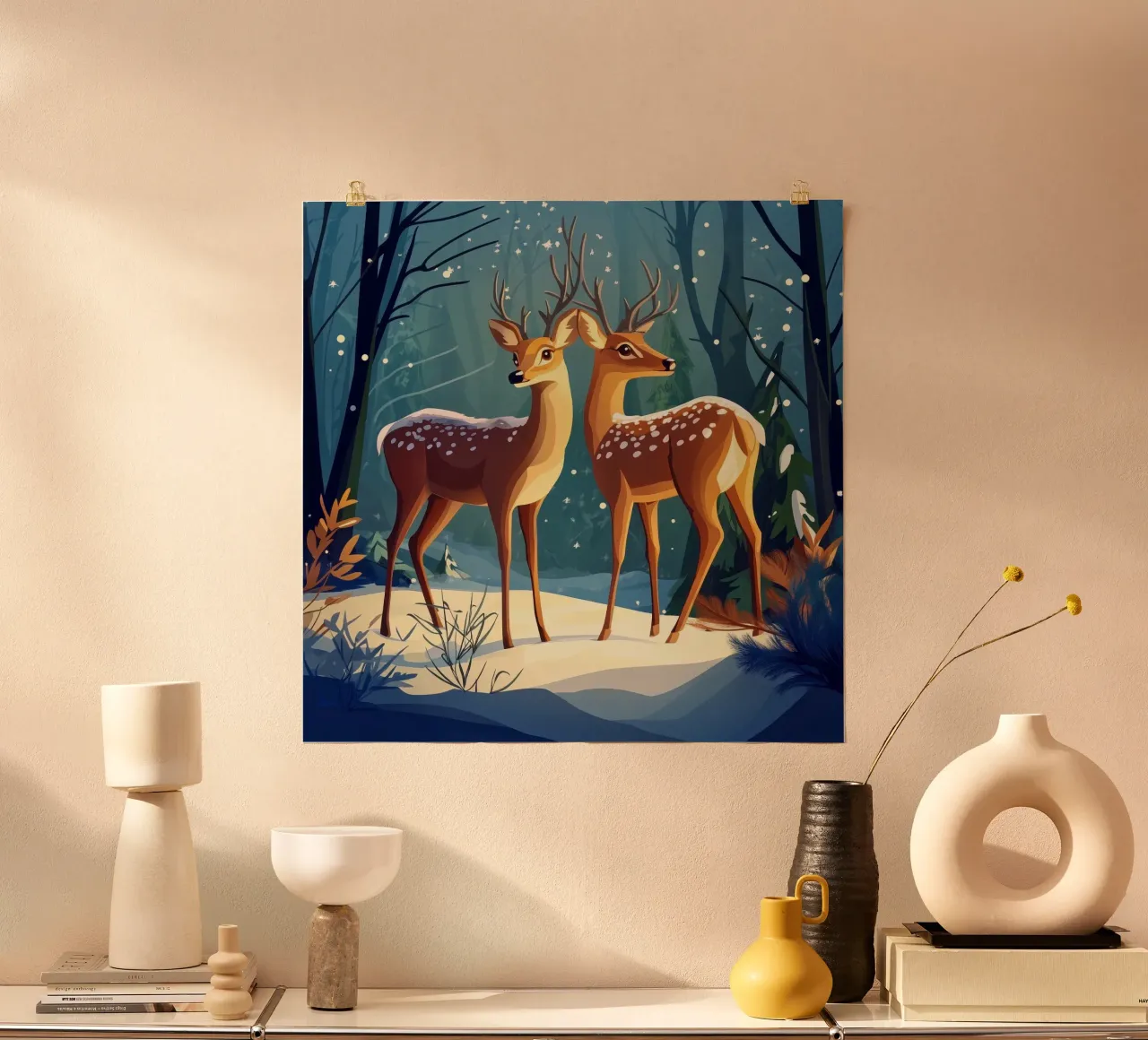 Il bagliore dell'inverno - Cervi sereni in una foresta innevata poster da Synthaira