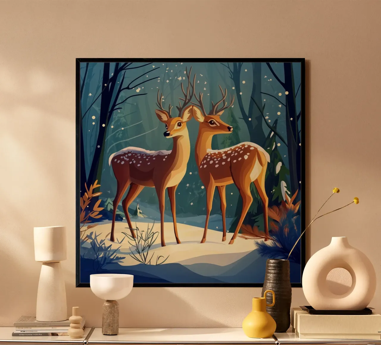 Il bagliore dell'inverno - Cervi sereni in una foresta innevata poster da Synthaira