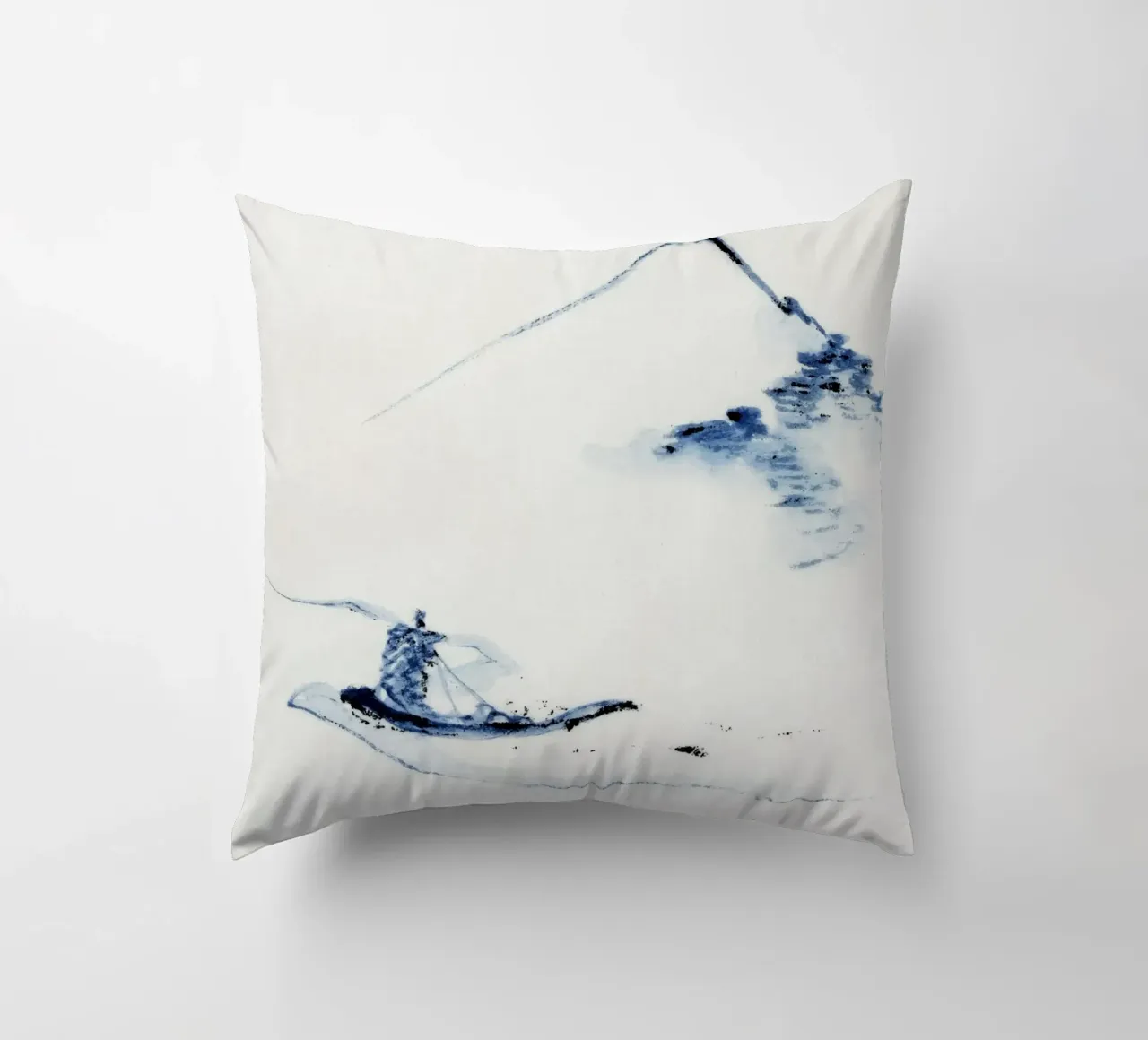 A person in a small boat on a river with Mount Fuji cuscino da vintageshop