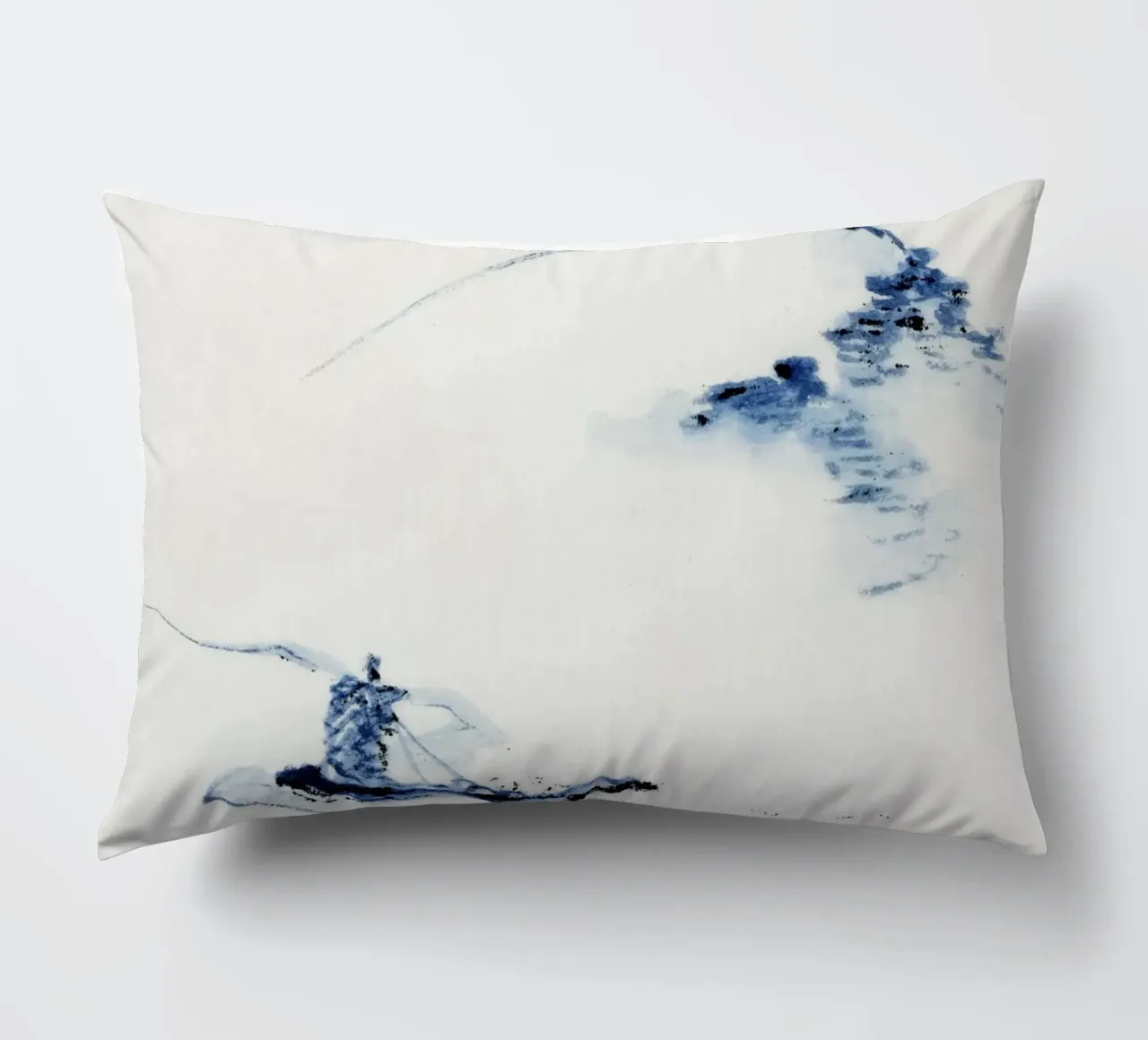 A person in a small boat on a river with Mount Fuji cuscino da vintageshop