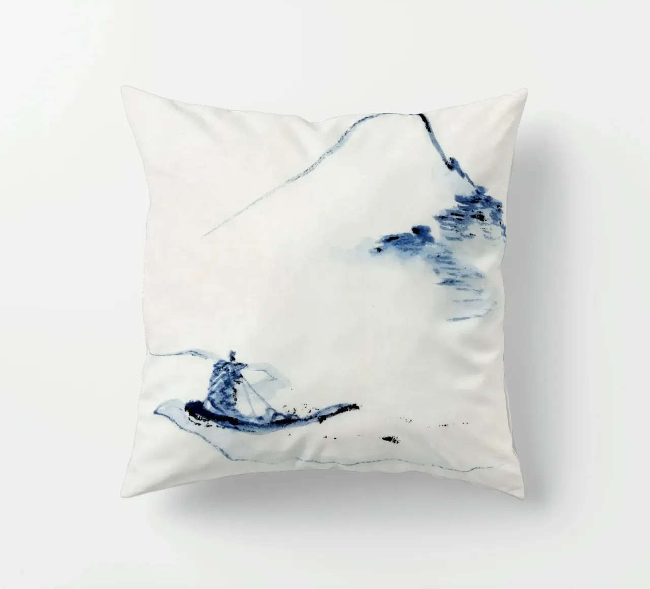 A person in a small boat on a river with Mount Fuji cuscino da vintageshop