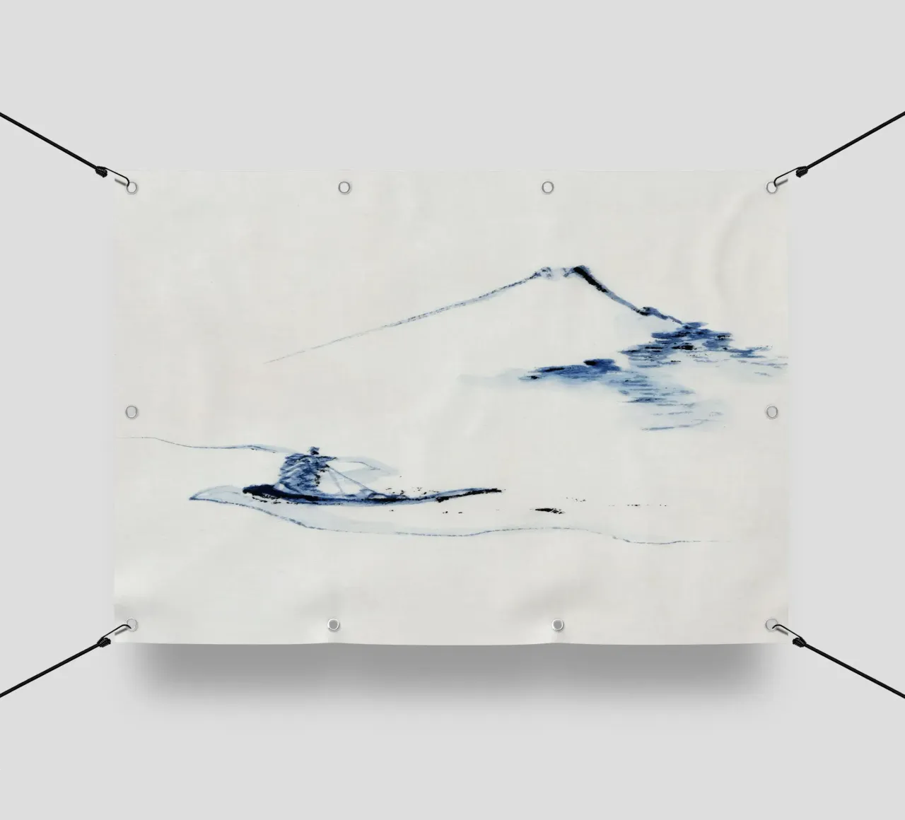 A person in a small boat on a river with Mount Fuji telo in pvc da vintageshop