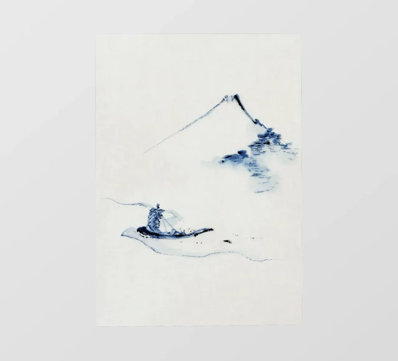 A person in a small boat on a river with Mount Fuji telo in pvc da vintageshop
