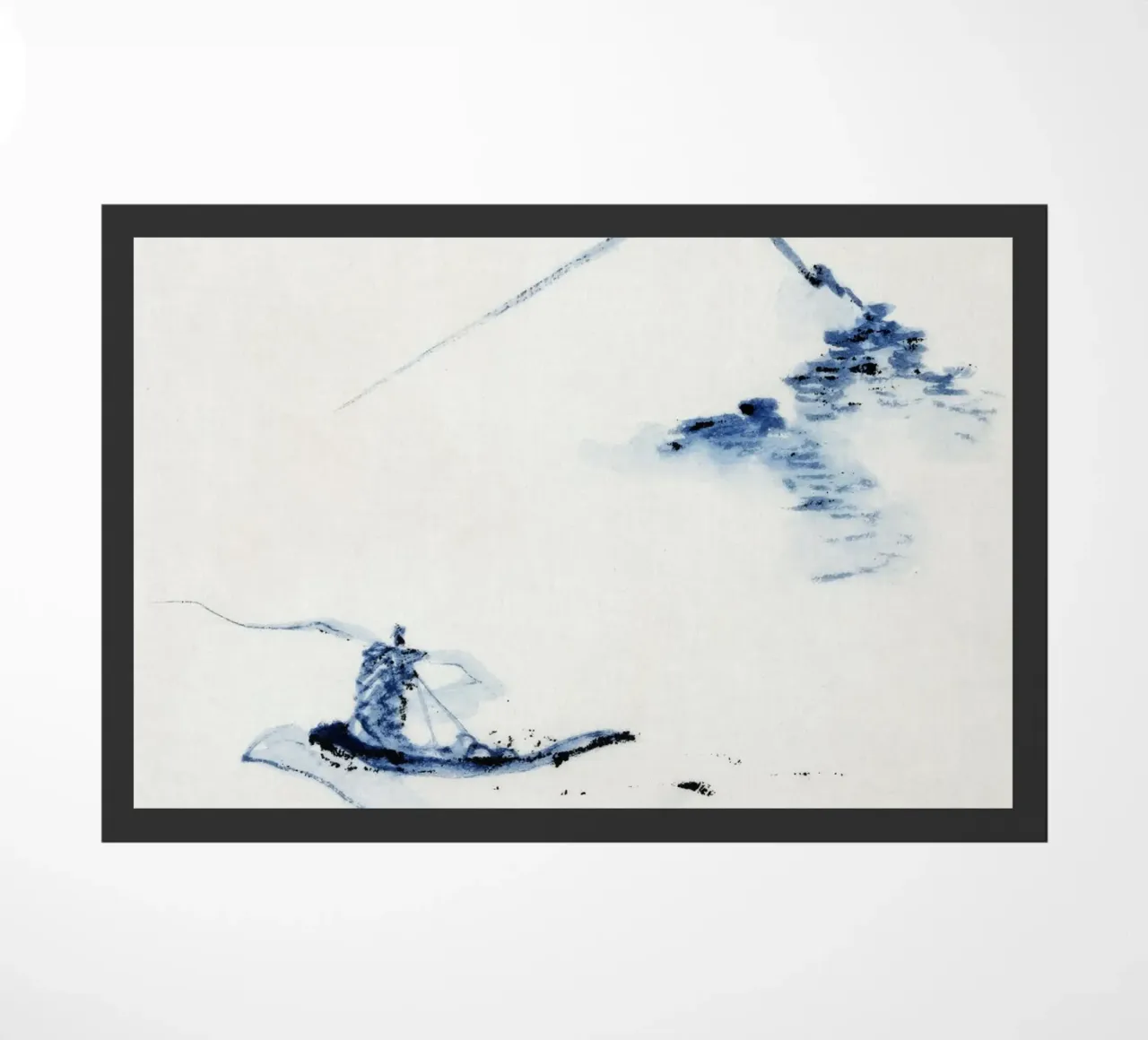 A person in a small boat on a river with Mount Fuji zerbino da vintageshop