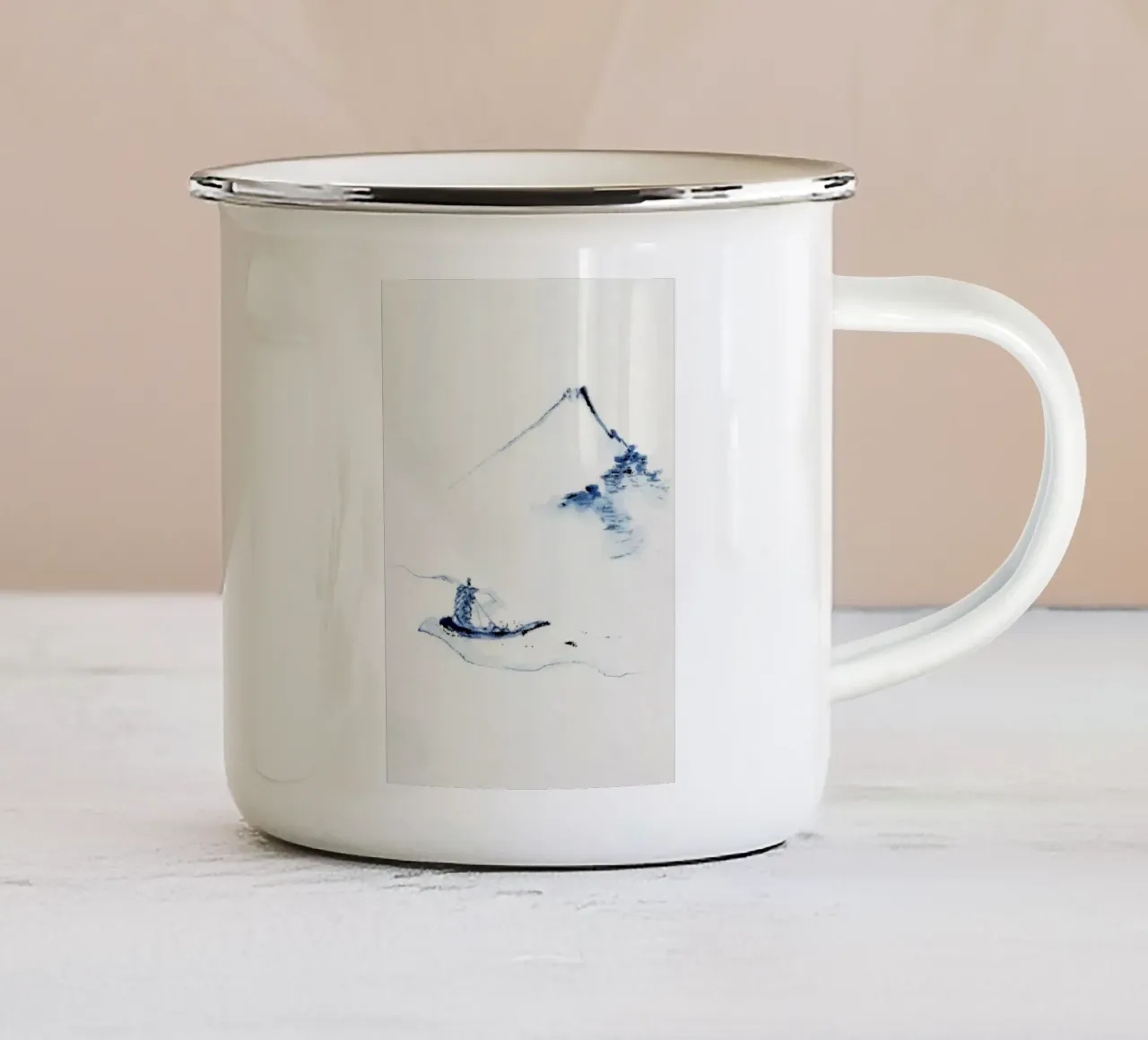 A person in a small boat on a river with Mount Fuji tazza in smalto da vintageshop