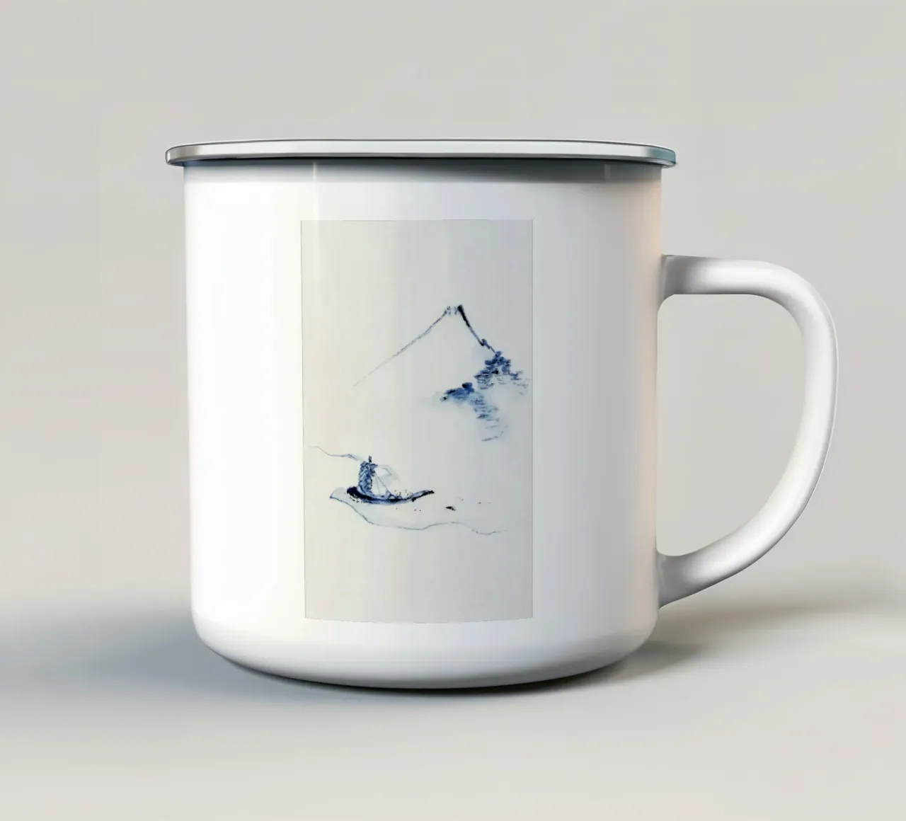 A person in a small boat on a river with Mount Fuji tazza in smalto da vintageshop