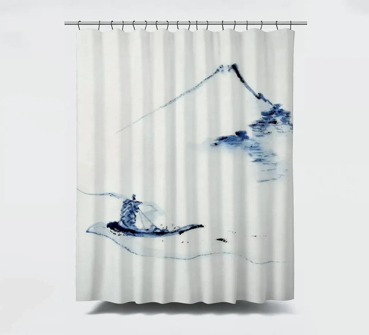 A person in a small boat on a river with Mount Fuji tenda da doccia da vintageshop
