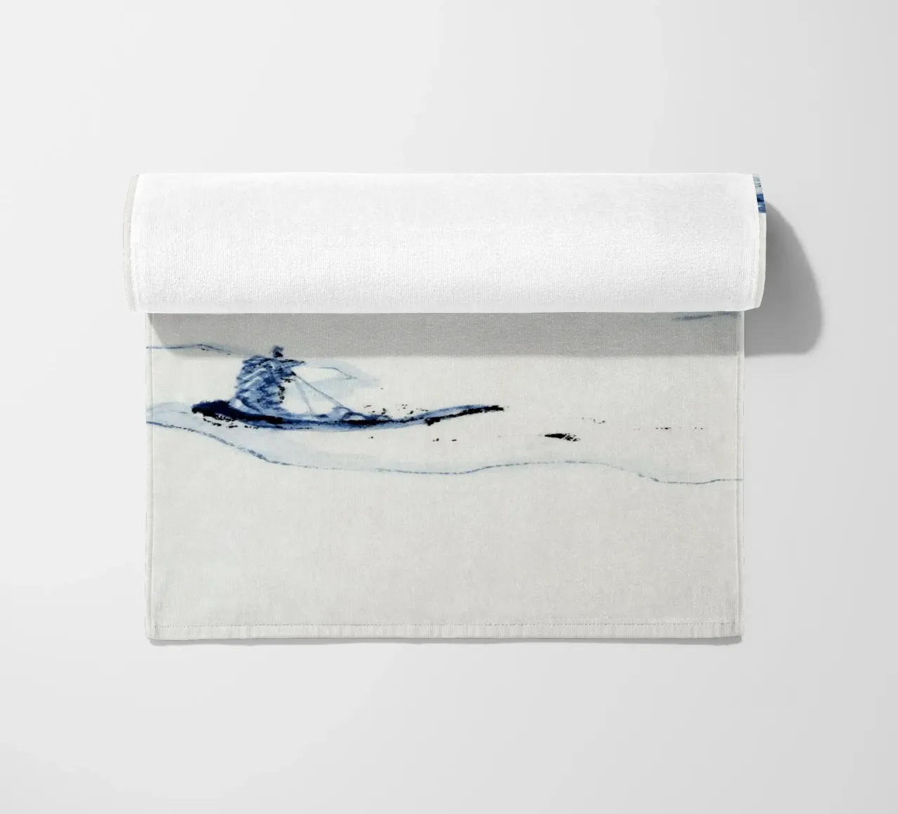 A person in a small boat on a river with Mount Fuji telo mare da vintageshop