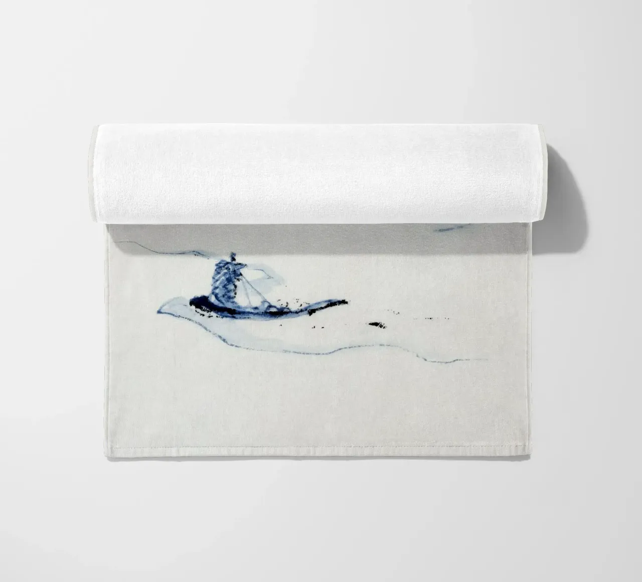 A person in a small boat on a river with Mount Fuji telo mare da vintageshop