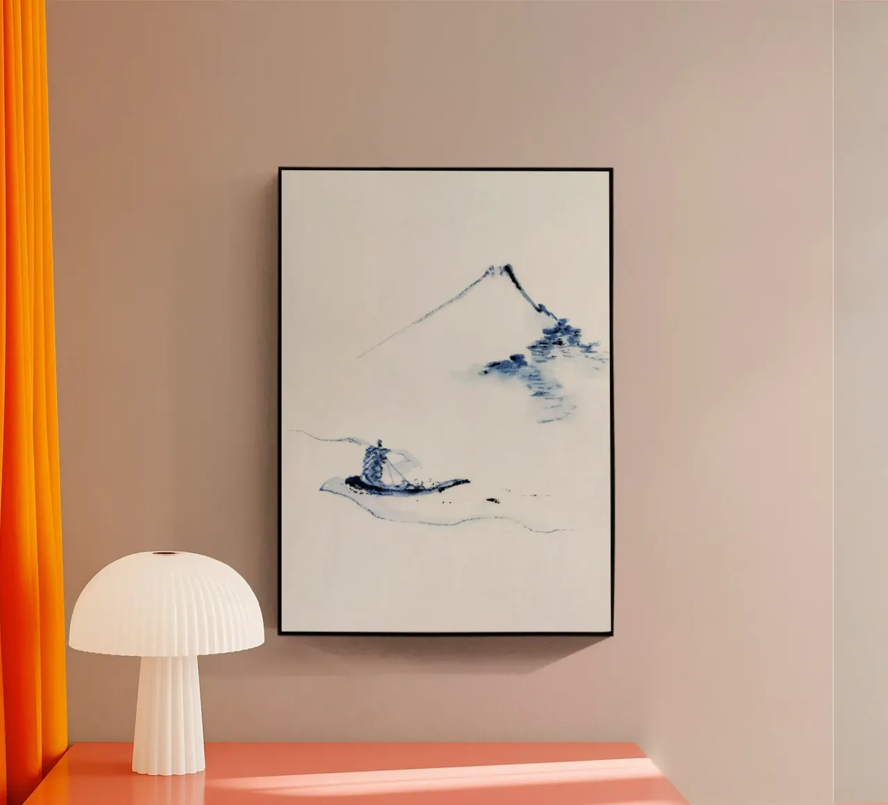 A person in a small boat on a river with Mount Fuji plexiglass da vintageshop