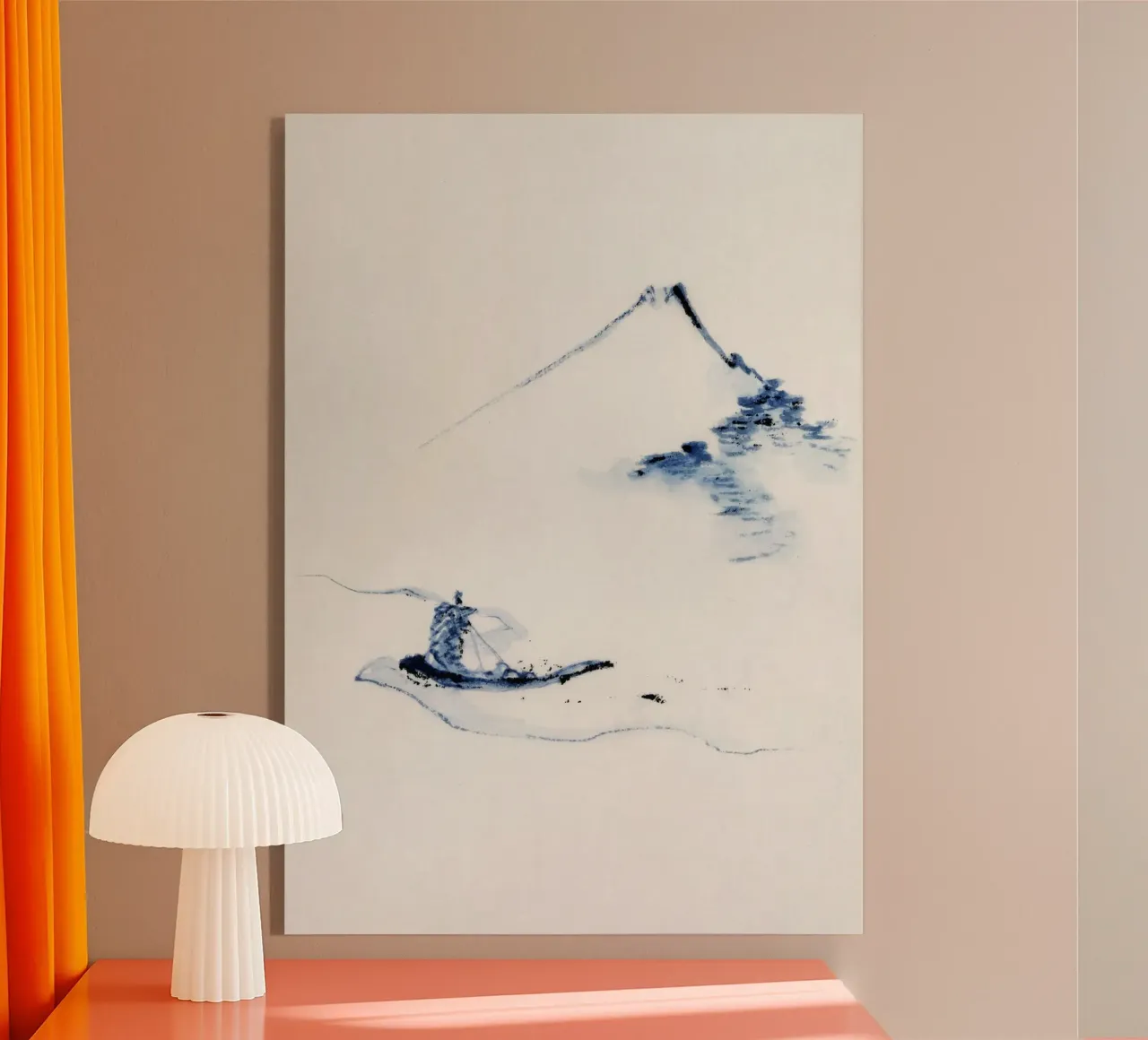 A person in a small boat on a river with Mount Fuji plexiglass da vintageshop