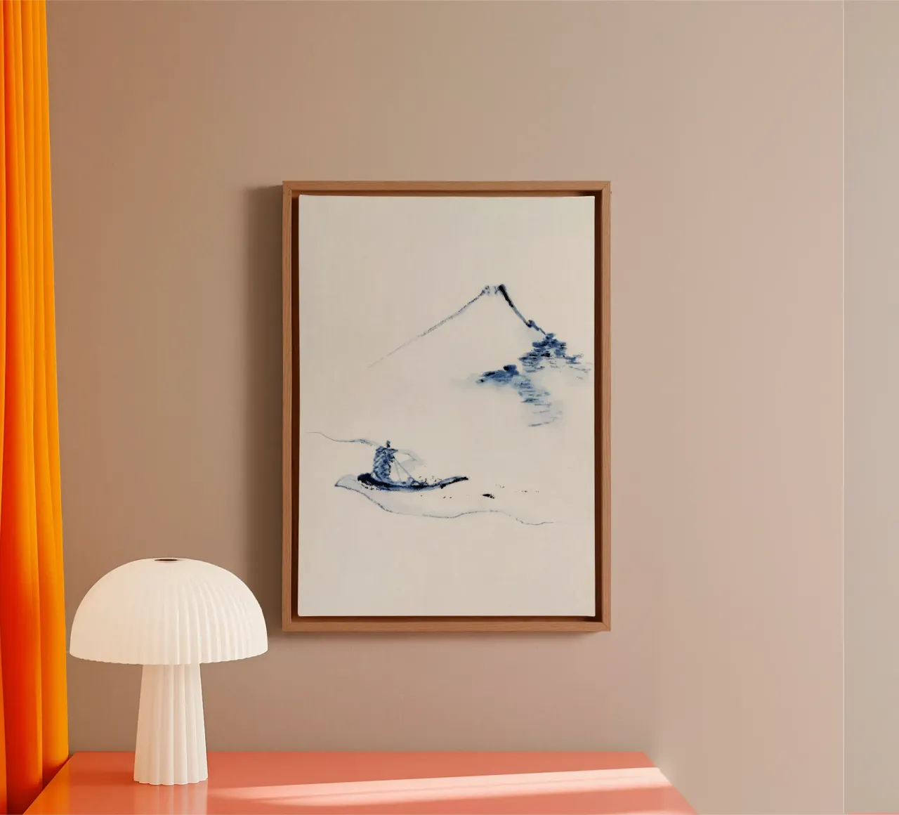 A person in a small boat on a river with Mount Fuji canvas with Floater frame by vintageshop
