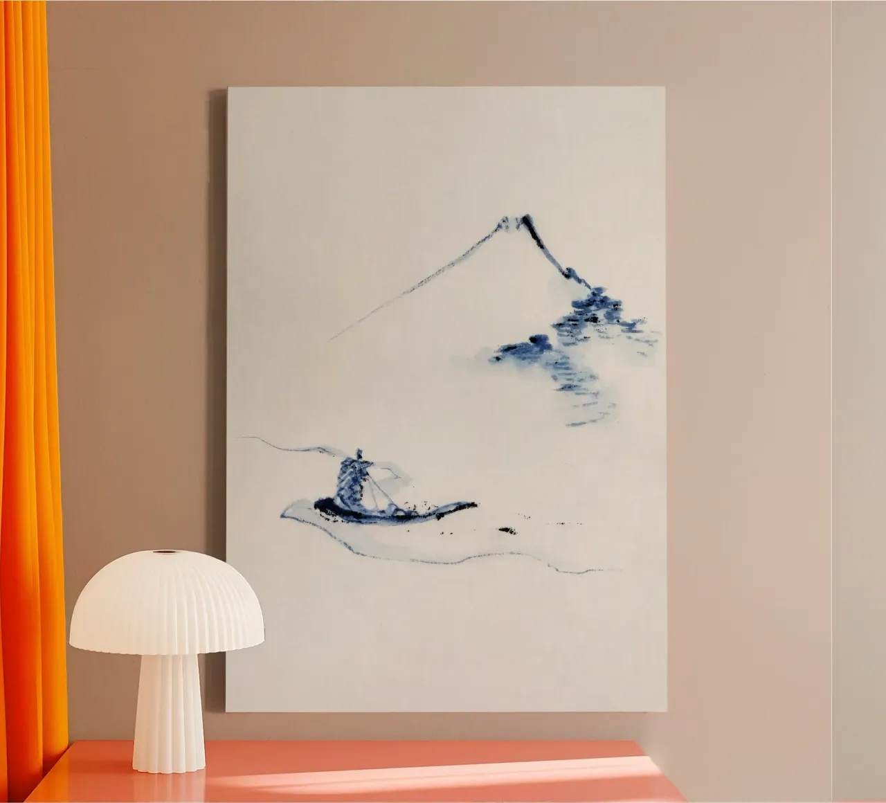 A person in a small boat on a river with Mount Fuji canvas with Floater frame by vintageshop