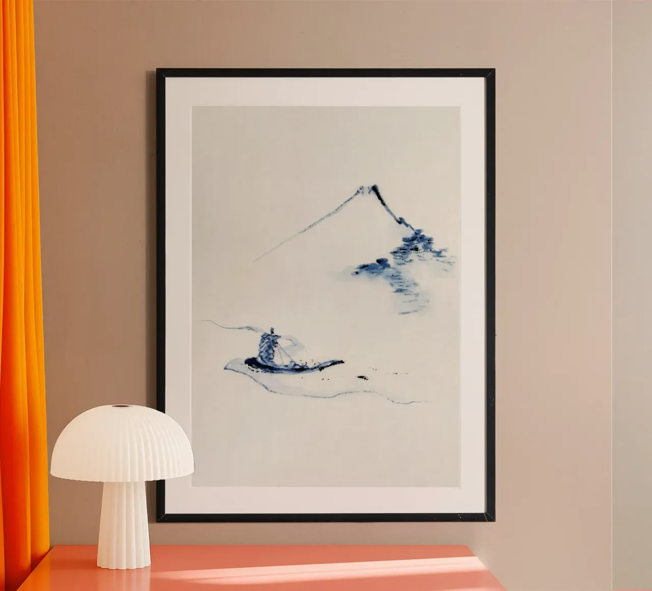 A person in a small boat on a river with Mount Fuji poster by vintageshop