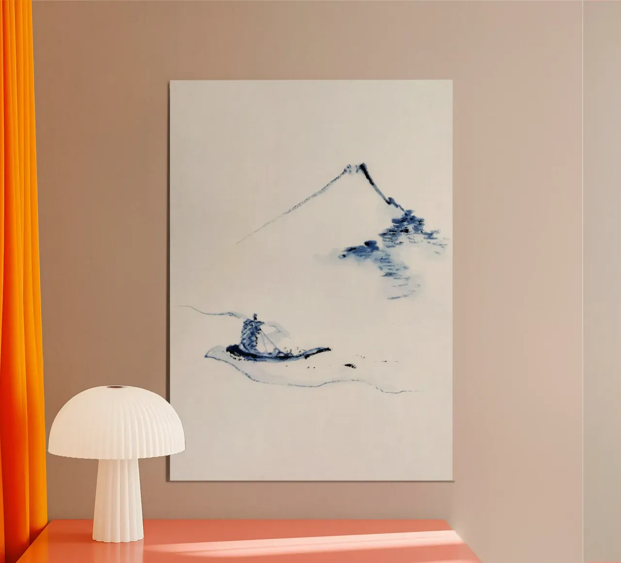 A person in a small boat on a river with Mount Fuji poster by vintageshop