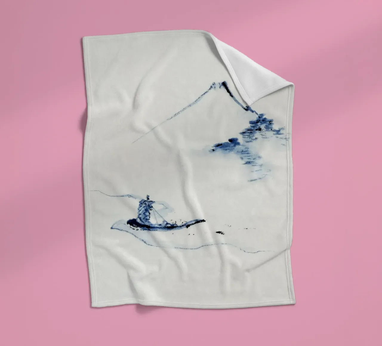 A person in a small boat on a river with Mount Fuji coperta in pile da vintageshop
