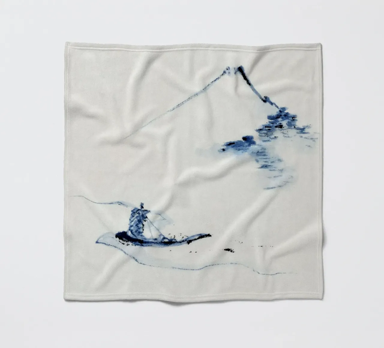 A person in a small boat on a river with Mount Fuji coperta in pile da vintageshop