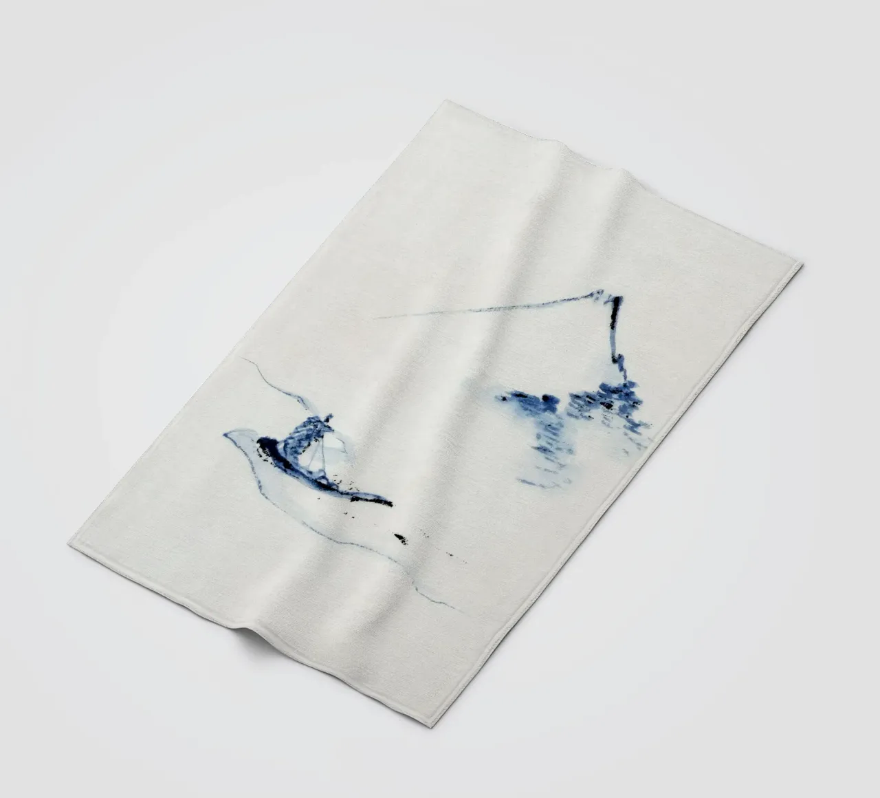 A person in a small boat on a river with Mount Fuji coperta in pile da vintageshop