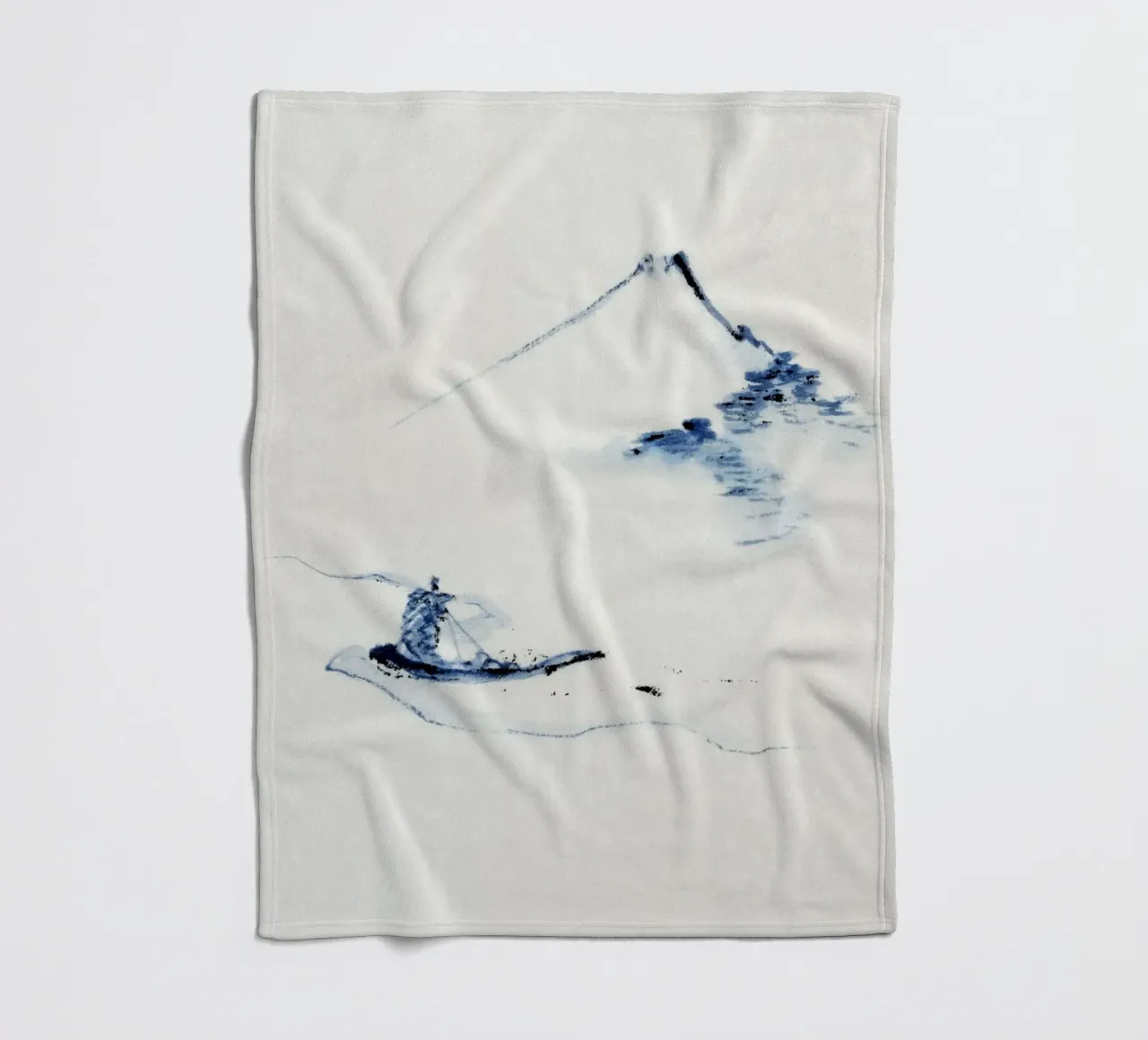 A person in a small boat on a river with Mount Fuji coperta in pile da vintageshop
