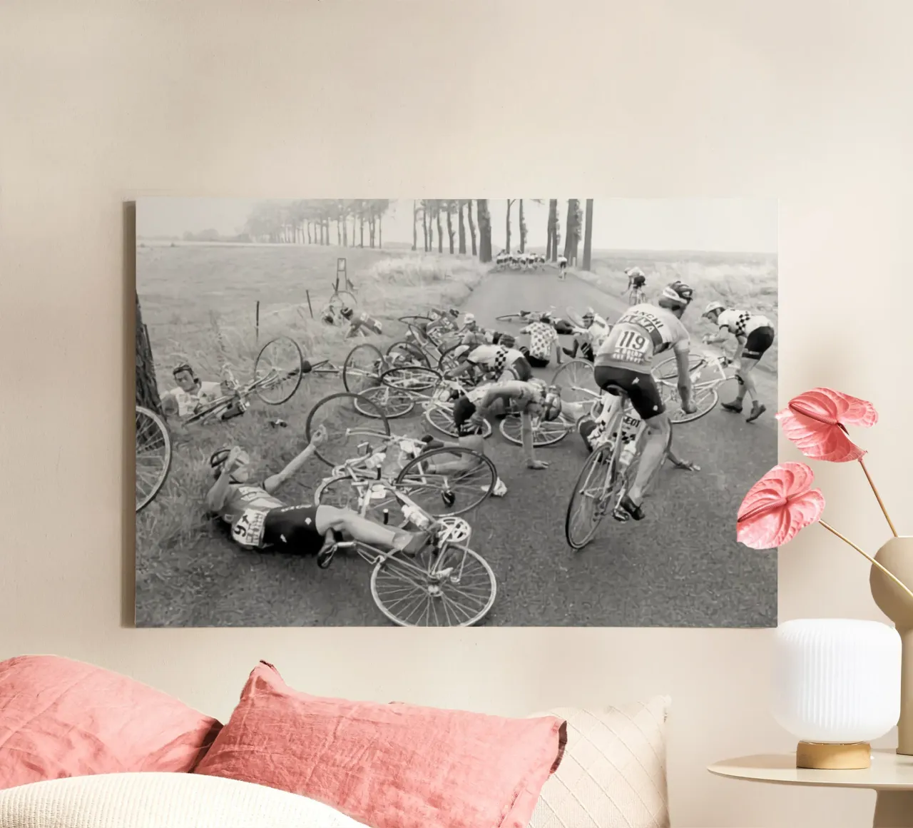 a mass accident involving many cyclists during a road race canvas with Floater frame by addelia shope